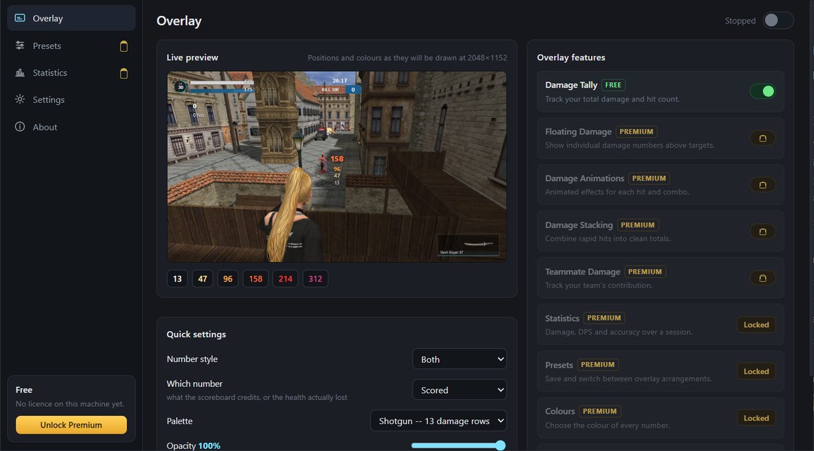 The GunZ Combat Overlay window: a live preview of the overlay on the left, the list of overlay features on the right.