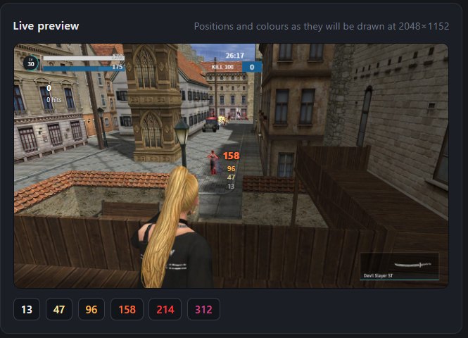 The live preview panel, showing the damage tally and a floating damage number over a screenshot of the game.