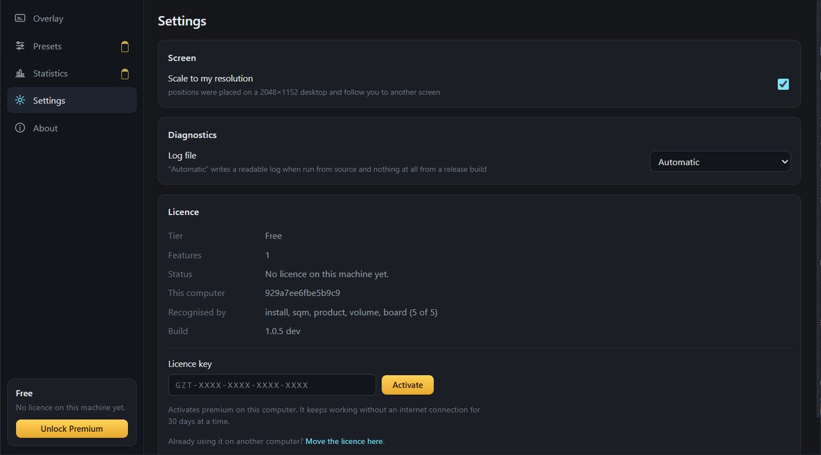 The Settings page, showing the licence panel with the tier, the days remaining and the id of this computer.